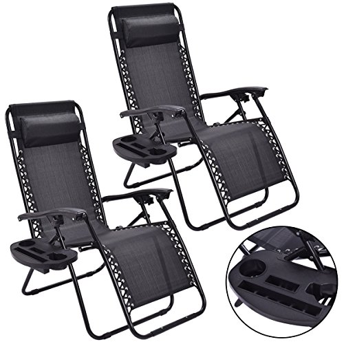 Image of GIANTEX 2 PCS Zero Gravity Chair Patio Chaise Lounge Chairs Outdoor Yard Pool Recliner Folding Lounge Chair with Cup Holder (Black)