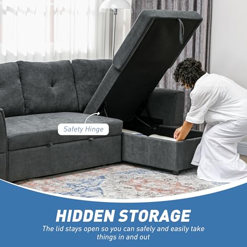 HOMCOM 3 Seater Sofa Bed, L-Shaped Corner Sofa, Pull Out Sofa with Storage, Convertible Click Clack Settee Sectional Sleeper Futon for Living Room, Office, Dark Grey - Image 5