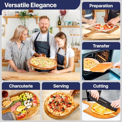 Wooden Pizza Peel 16 Inch - Acacia Wood Pizza Board for Pizza Making, Sliding, Cutting & Serving - Food Oil Processed Paddle Spatula w Handle & Hanging Loop - Pizza Oven Accessories by KitchenStar