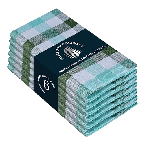 HEIRLOOM COMFORT Gingham Multi Check Cloth Napkins Set of 6, 18x18 Inch, 100% Cotton, Super Absorbent & Reusable, Washable Fabric Napkins Dinner, Events, Everyday Use, Mint Green, Aqua Green, White