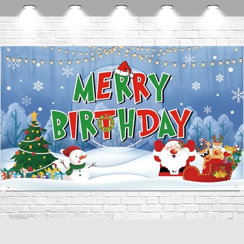 SMENGGIL Red Green Merry Birthday Backdrop Banner Photography Background for Home Garden Outdoor Wall Xmas Christmas New Year Bday Party Decorations Supplies 72.8 * 43.3in