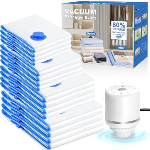 MOMENT 16 Pack Vacuum Compression Storage Bags with Electric Pump (4 Jumbo 4 Large 4 Medium 4 Small) Space Saver Bag Reusable Sealer Bags for Clothes Bedding Mattress Blanket Pillows