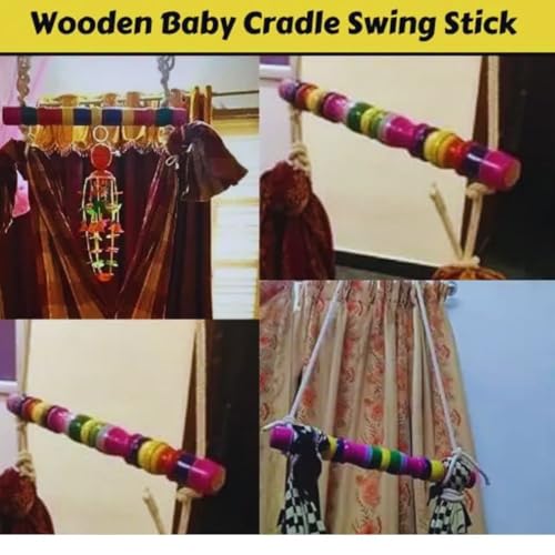 Image of Cradle Stick in Wood for Baby - Traditional Wooden Thottil Kambu | Baby Cradle Swing Stick with Rope | Multicolour | Safe and Durable Baby Cradle Accessories