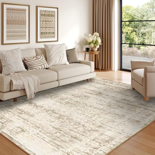 ARKIIKI 8x10 Washable Area Rugs for Living Room, Neutral Boho Rugs for Bedroom, Vintage Large Soft Faux Wool Carpet for Nursery, Playroom, Dorm, Office, Dinning Room, Non Slip, Beige, Cream