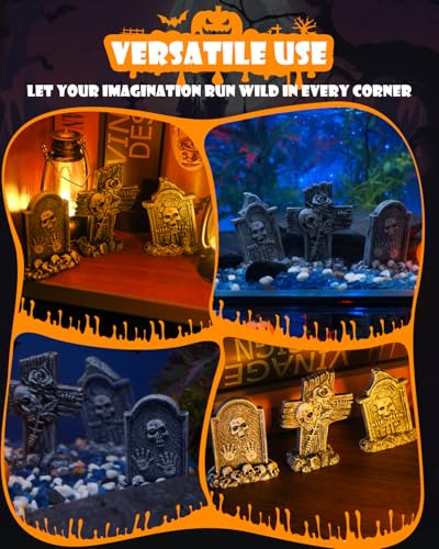 Image of Uniclife 3 Pcs Halloween Miniature Tombstones Decorations, Halloween Fish Tank Decor, Resin Mini Tombstones Figurines, RIP Cross Skull Graveyard Gravestones, Small Spooky Town Village Accessories