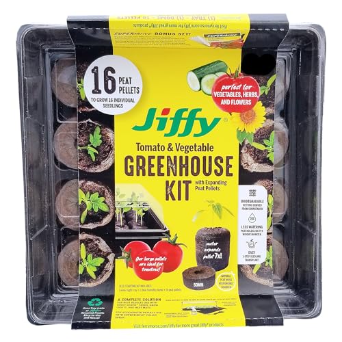 Jiffy 50mm Seed Starting Tomato & Vegetable Greenhouse Kit with 16 Plant-based Expanding Peat Pellets + Bonus SUPERthrive & Plant Labels