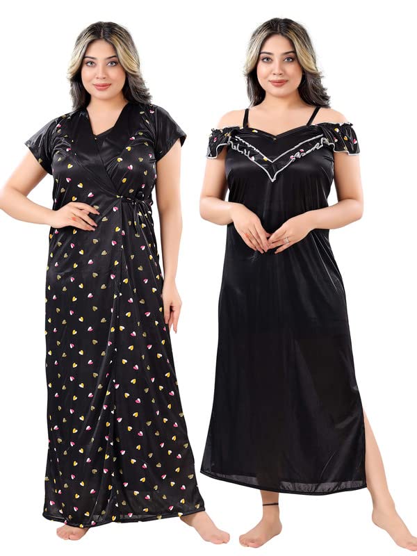 Zairra Women's Satin Solid Maxi Length Nighty with Robe-Short Sleeves Nightwear Set-Free Size (Black)