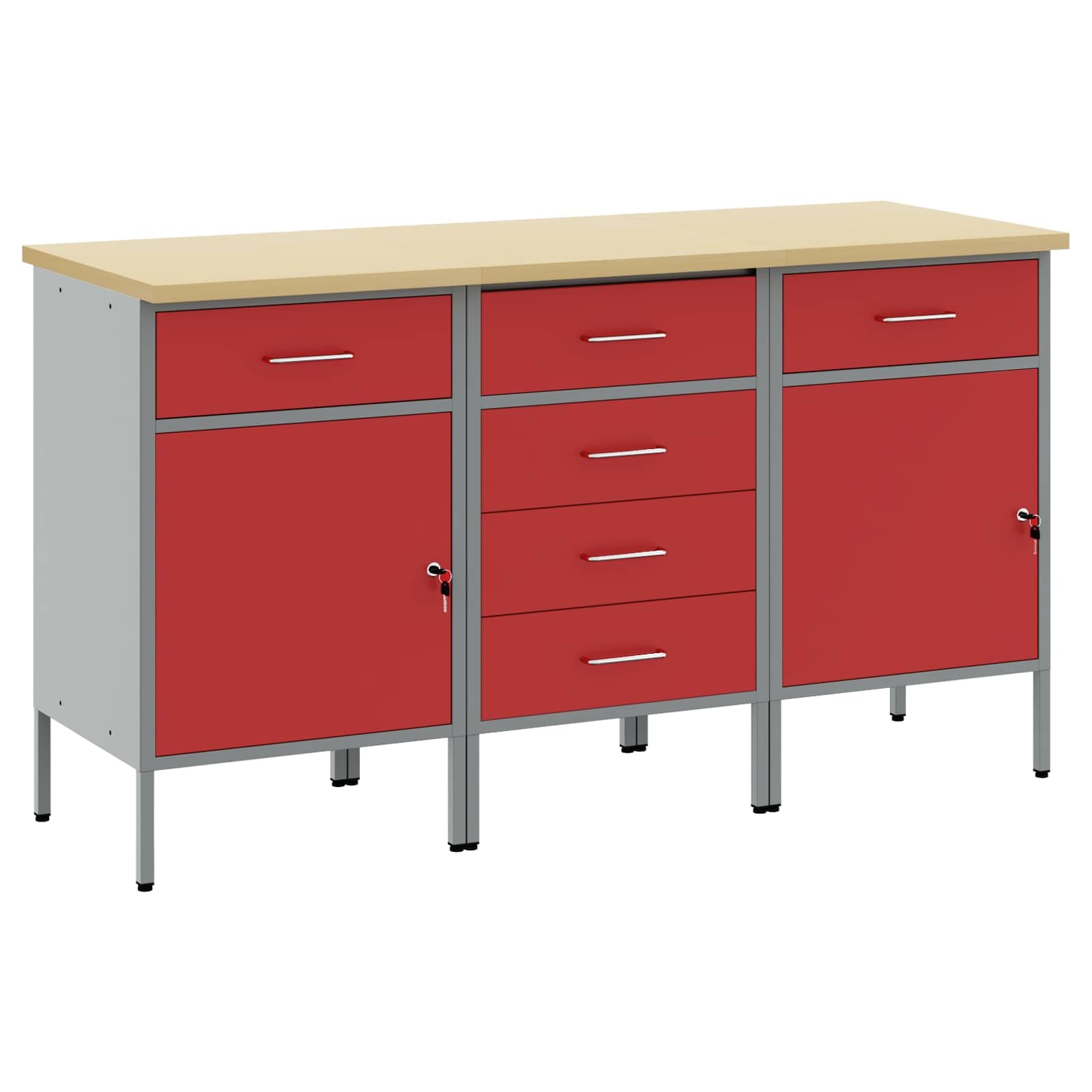 Banco da lavoro moderno con cassetti, 3 pezzi, rosso e grigio, 75 x 45 x 85 cm, in legno e acciaio, robusto banco da lavoro per officina, stile loft industriale, versatile