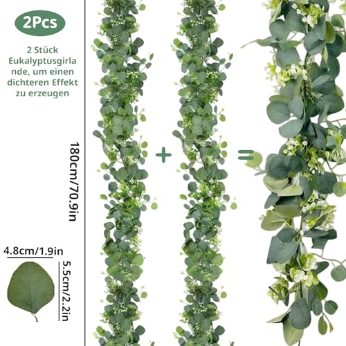 2 Stück Eukalyptus Girlande, 3.6M Eukalyptus Deko, Grüne Blätter Girlande für Hochzeit, Tisch, Bogen & Zuhause