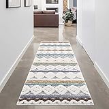 carpet city Teppich-Läufer Hochflor Flur - 80x300 cm - Boho-Stil Ethno Creme Multi - Cut-Loop, Hochtief, 3D-Effekt - Shaggy Teppiche Flauschig-Weich Schlafzimmer Langflor Bettvorleger
