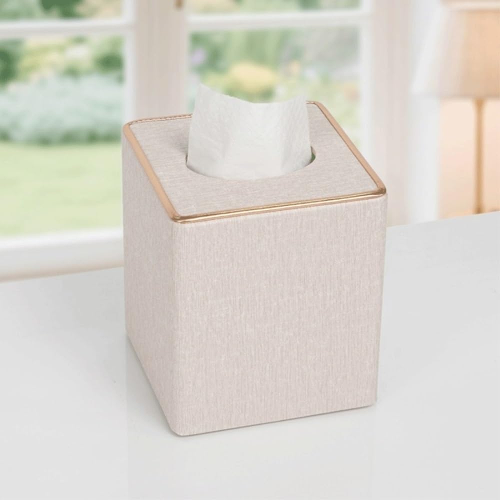 Porta fazzoletti quadrato in lino, organizer decorativo con finiture dorate for bagno, ufficio e casa(White)
