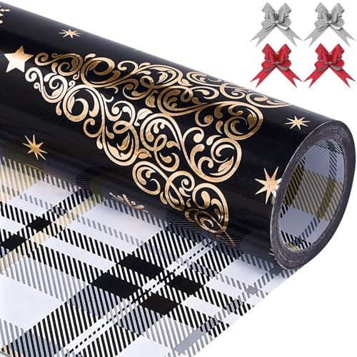 EWES Black Christmas Wrapping Paper Rolls Set Cute Princess Kids Thick Aesthetic Elegant Girls Girly Heavy Duty Gift Wrap Sheets Patterns with Christmas Tree Reversible Total 28.5sq.ft