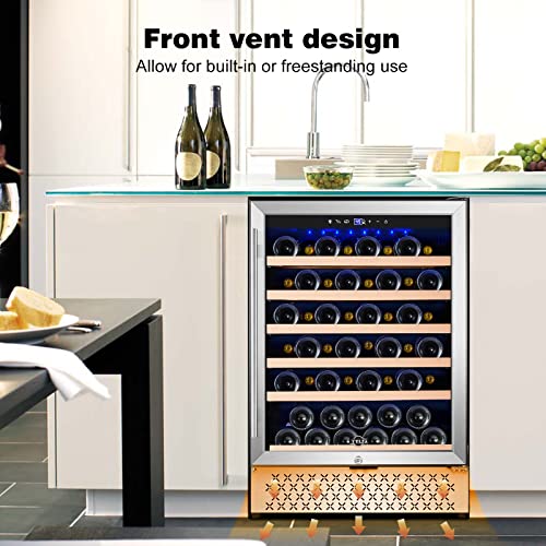 Image of Tylza 24 Inch Wine Fridge, 54 Bottles Wine Refrigerator, Under Counter or Freestanding, 40-65F, Lock, Double Layer Tempered Glass Door, Wine Cooler Refrigerator with Adjustable Wooden Shelves