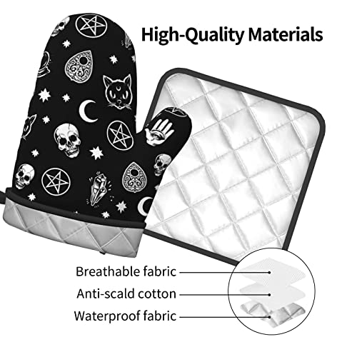 Kadiman Skull Cat Moon Gothic Oven Mitts And Pot Holders Sets,Heat Resistant Non Slip Kitchen Gloves Hot Pads With Inner Cotton Layer For Cooking Bbq Baking Grilling One Size #TOP3