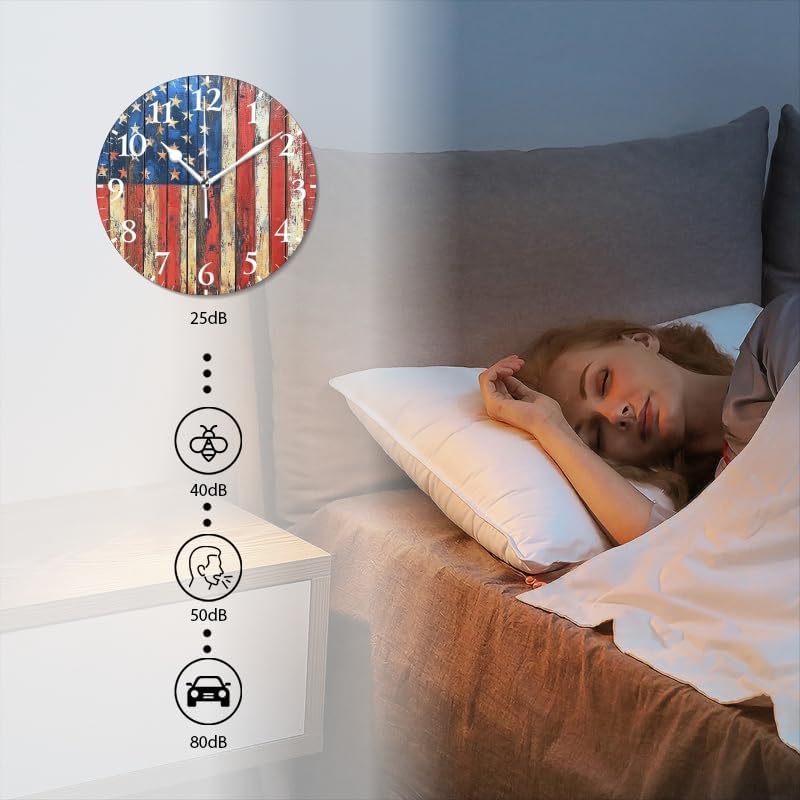 Battery Operated Round Wall Clock Non-Ticking Silent Analog Clcok Decorative for Living Room,Office,Kitchen-American Flag in A Weathered Setting(12inch)