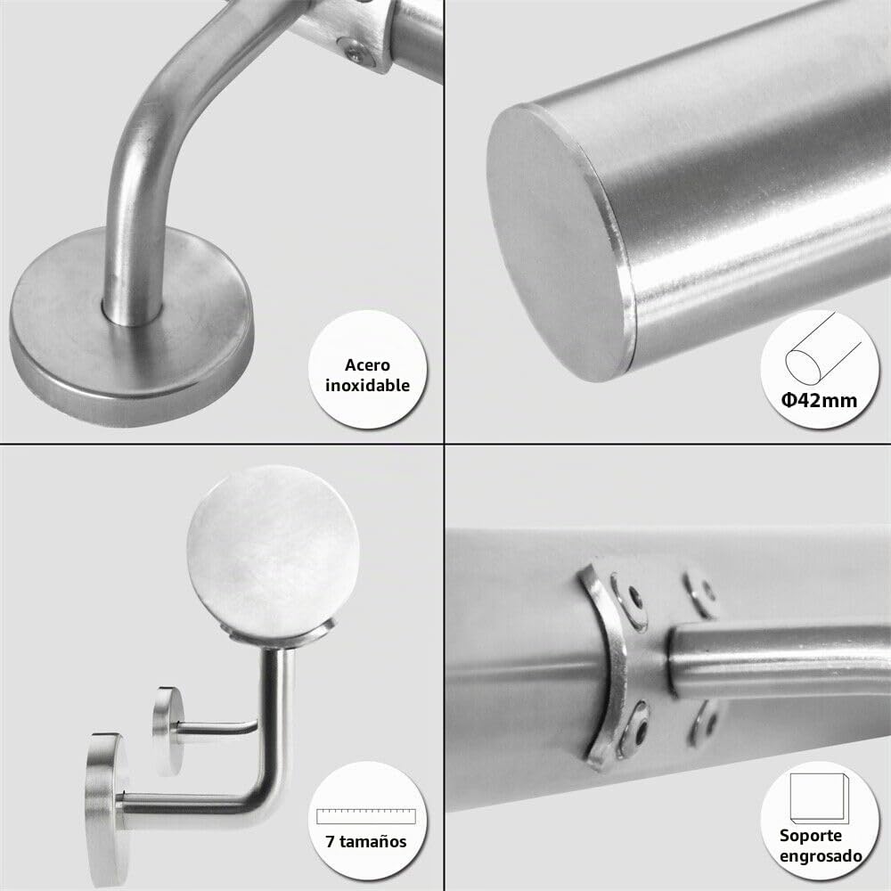 Barandilla de Acero Inoxidable para Escaleras de Pared - Interior y Exterior, Parapeto, Balcón - Con Soporte y Tapas Finales - Longitud: 400 cm