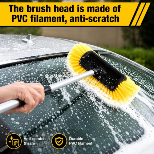 Image of Car Wash Brush with Long Handle, Scratch-Free Ultra Soft PP Bristle Mop Head, Water Flow-Thru Car Washing Brush with Hose Attachment for Exterior Cleaning Brush for Cars, Vehicle, Solar Panels