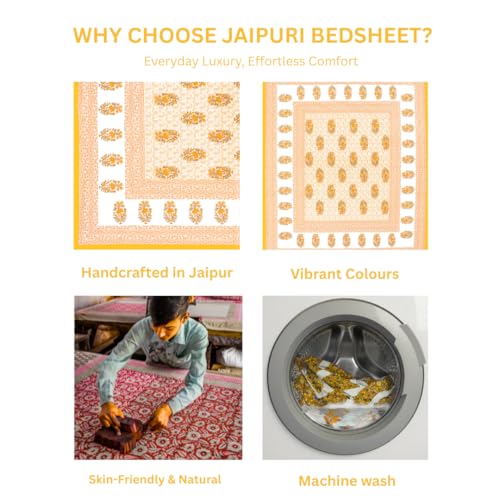 Image of JAIPUR PRINTS 100% Cotton Bedsheet for Double Size Bed bedsheets Rajasthani Jaipuri Printed Double Size Bedsheet with 2 Pillow Cover / 90x100 inch / 235x215 cm / (Light Yellow)