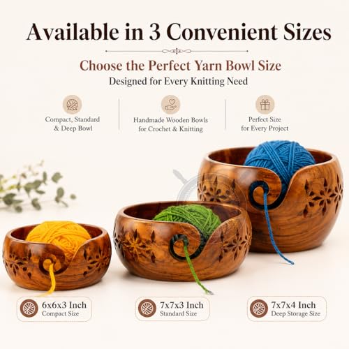 Image of Premium Rosewood Storage Bowl for Yarn Balls & Skeins with Decorative Carved Drills & Drops & Candy Knitting Needles | Knitting & Crochet Notions | Nagina International (Large)