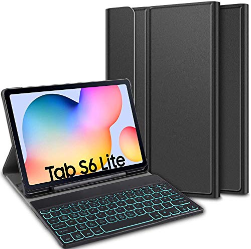 ELTD Tastatur Hülle für Samsung Galaxy Tab S6 Lite (Deutsches QWERTZ),7 Farben LED-Hintergrundbeleuchtung Kabellose Tastatur für Samsung Galaxy Tab S6 Lite 10,4 Zoll 2020 (Schwarz)
