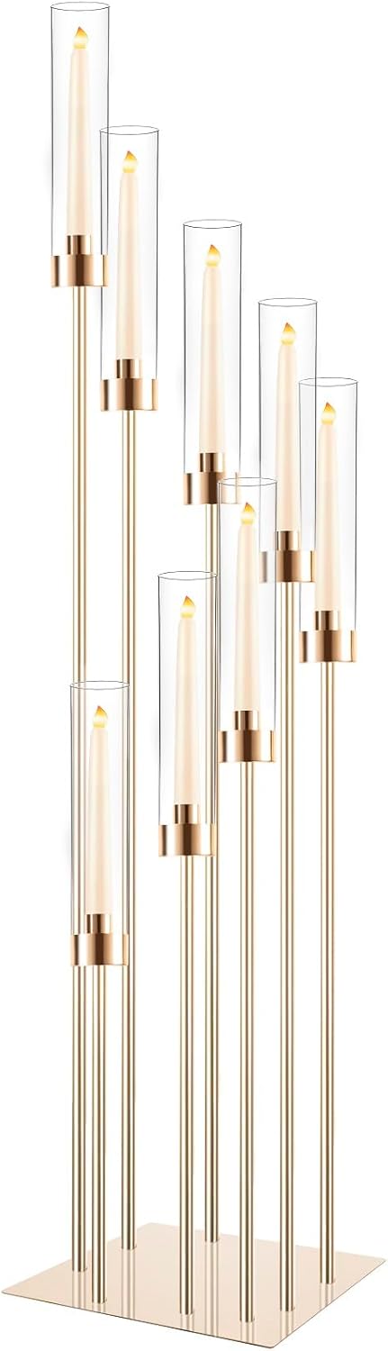 Floor Candle Holder with Acrylic Lampshade, 49.2in Tall Acrylic Candlestick Holder for Taper LED Candles, Gold Centerpiece for Table Wedding Party Event Reception Home Decoration (Gold)