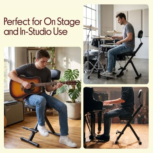 Image of Pyle Drum Throne - Guitar Stool, Foldable & Portable Chair w /Backrest & Footrest, Adjustable Music Stool for Adults, Padded Cushioned Seat & Back