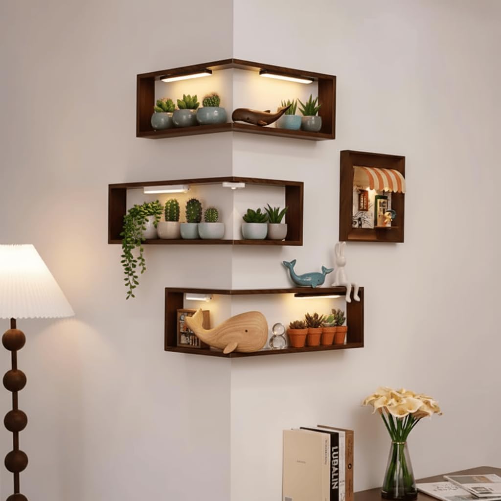 Floating Corner Shelves with Lights, Smart Corner Shelves That Light Up Your Space, Illuminated Corner Shelf Wall Mounted Wood Storage Shelf for Bedroom, Living Room, Bathroom, Kitchen, Nursery (3Pcs)