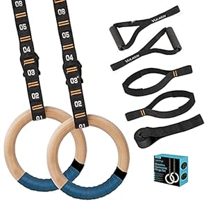 Vulken 28/32mm Wooden Gymnastic Rings with Adjustable Numbered Straps.Olympic Rings for Core Workout and Bodyweight Training. Home Gym Rings with Workout Handles