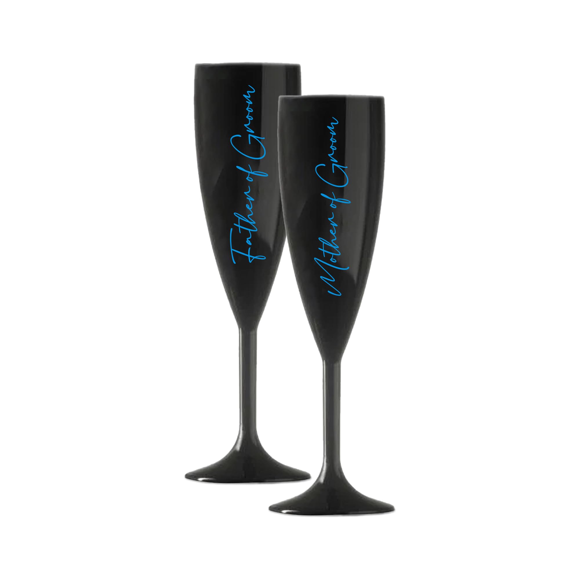 Print Maniacs Champagne Premium Black Flute Glass Bride Groom Mr Mrs Wedding Maid Honour Wine Cocktail Prosecco Celebrations Gift (Blue, Father + Mother of Groom Set)