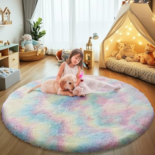 Rainbow Fluffy Round Area Rugs for Bedroom,5'X5'Shag Circle Area Rugs for Girls Room,Non Slip Fuzzy Plush Rug for Kids Room Living Room and Dorm Home Decor Rug