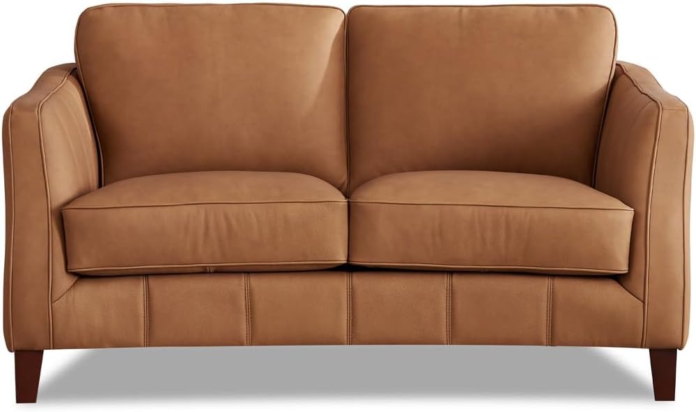 Hydeline Aria Top Grain Leather Loveseat, Saddle, Feather Down, Memory Foam and Springs Seating