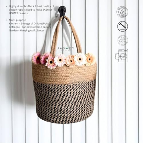 Image of JASMEY HOMES Wall Hanging Jute Basket for Vegetables /Newspaper Storage Box for Home /Milk Basket for Main Door Hanging from (Black)