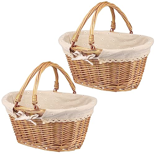 2 Pack Medium Size Oval Willow Basket with Handle, 12.6x9x4.7 Inch Wicker Picnic Basket with Liner, Empty Gift Basket, Wicker Basket for Fruit, Candy, Wine, Gathering, Wedding, Picnic, by GNIEMCKIN