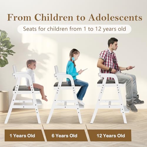 Image of Solid Wood High Chair for Toddlers to Teens, Adjustable Height Toddler Dining Chair, Easy to Clean Toddler Highchair with Removable Soft Cushion for Dining, Studying, Step Stool, White