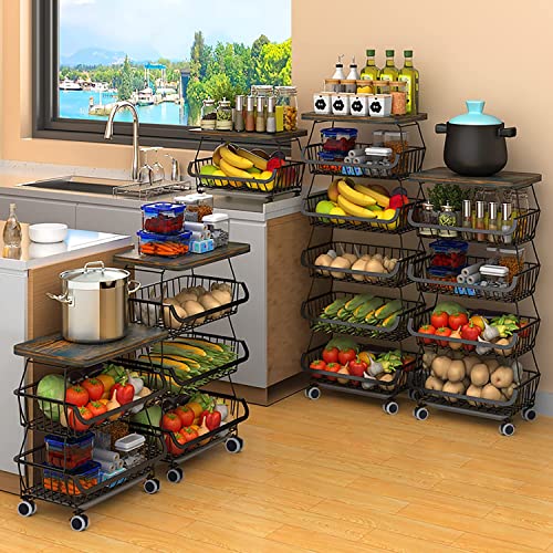 Kitchen Fruit And Vegetable Storage Cart, Wire Storage Basket With Wheels, Rolling Utility Storage Basket Bins Rack For Kitchen, Pantry, Bathroom, Living Room (6 Tier W/Tabletop) #TOP6