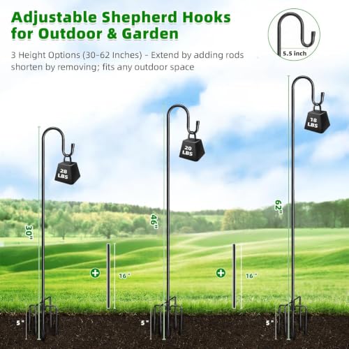 Image of COCONUT 62 inch Shepherds Hooks for Outdoor, Bird Feeder Pole with 5 Prong Base, Adjustable Height Shepherds Hook for Hummingbird Feeder, Bird Feeder, Lightweight Plant, Wind Chimes, Lanterns (2 Pack)