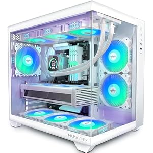 MUSETEX Caja PC ATX,6 Ventiladores PWM ARGB Pre-Instalados,Soporte 360MM RAD,Tipo-C Gaming 270° Vista Completa Cristal Templado Mid Tower Blanco Puro Caja ATX,Y6