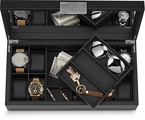 Glenor Co Watch And Sunglasses Box With Valet Tray For Men -14 Slot Luxury Display Case Organizer, Black Carbon Fiber Design For Mens Jewelry Watches, Men's Storage Holder W Large Mirror, Metal Buckle #TOP5