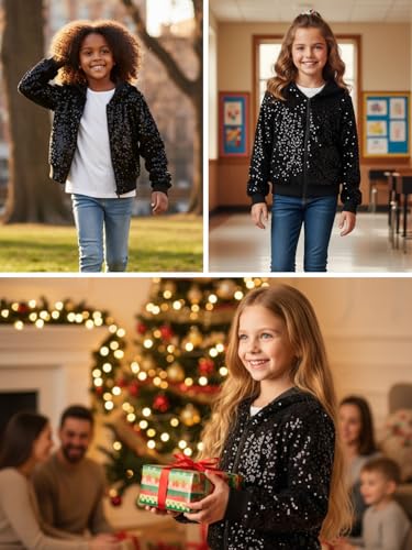 WELAKEN Girls Sequin Jacket for Kids Glitter Long Sleeve Zipper Cropped Bomber Jacket2