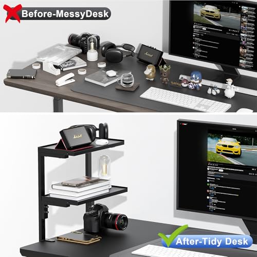 Image of 2-Tier Desk Shelf, Black | Desk Organization Expandable Clamp on Desk Shelf Desktop Accessories for Offices and Game Rooms