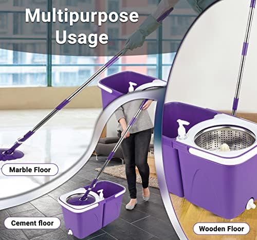 Neez Spin Mop and Bucket Set Stainless Steel Spin Wringer with 2 Reusable Microfiber Heads and Telescopic Handle for Floor Cleaning