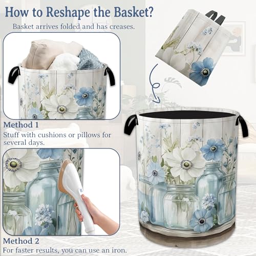 Image of Flowers Laundry Basket,Foldable Oxford Cloth Vintage Wooden Board Laundry Hamper with Handles, 20.8 inchx16 inch Tote Bag Clothes Storage Bucket for Laundry Room /Bathroom /Bedroom /Dormitories