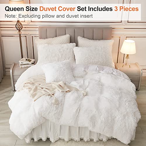 Annadaif Plush Shaggy Duvet Cover,White Fluffy Comforter Cover Set Queen Size, Fuzzy Faux Fur Bedding Set With Zipper Closure, Luxury Ultra Soft 3 Pieces (1 Duvet Cover,2 Pillowcases) #TOP1