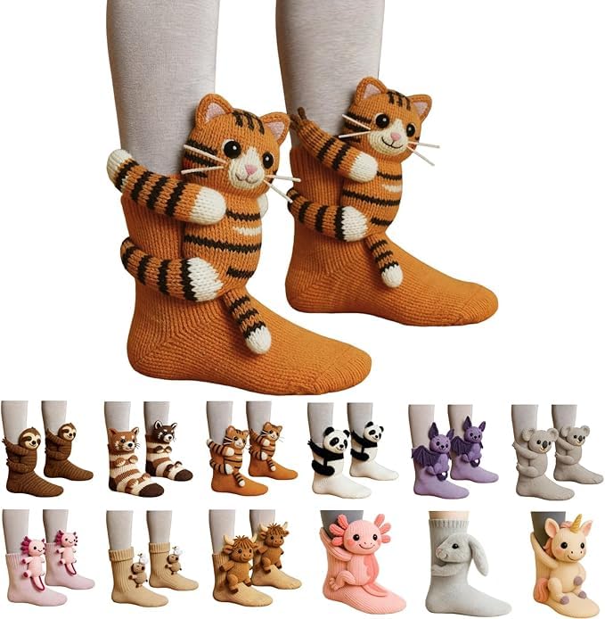 BOSSETY 3D Huggy Socken Mit Knit Tieren Gestricktes/Plüsch-/Baumwoll-3D-Tiermuster Doppellagige Baumwolle Weihnachten Winter Kuschelsocken Umarmung Animal Socks (G Orange Katze (Strickpuppen))