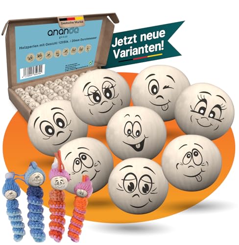 Ananda Goods 120 Holzperlen mit Gesicht 20mm Holzkugeln in 8 süßen Designs Ideal für Sorgenwürmchen Glückswürmchen DIY Schlüsselanhänger Kinderbasteln Dekoration & kreative Geschenkideen