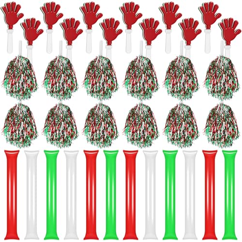 Sosation 36 Pcs Metallic Cheerleading Pom Poms Hand Clappers Party Favors and Thunder Sticks Noise Makers for Sporting Events Team Spirit Soccer Accessories(Red White Green)