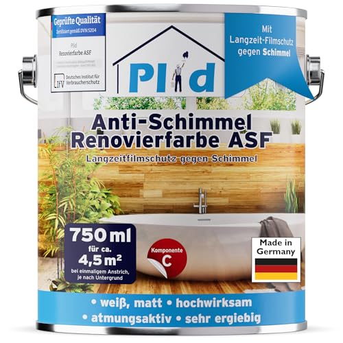 Plid® Anti Schimmel Renovierfarbe Innen Weiß 0,75L [FÜR ALLE WÄNDE] - Antischimmelfarbe für feuchte Räume, Bad & Küche - Wandfarbe weiß - Langzeitschutz gegen Schimmelbefall - Made in Germany