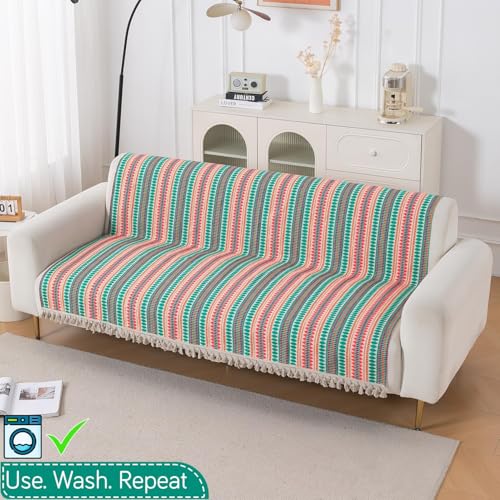 Image of HOKIPO 'Artisan Boho Series' Sofa Cover with Tassel for 3 Seater Sofa | 450 GSM Thick Cotton Acrylic Jacquard Fabric Sofa Cover, Size 152x175 cm, Mint Green (NEW-IN-909-A7)