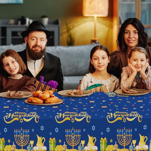 Image of 3 PCS Hanukkah Decorations, 108 inch x 54 inch Blue Gold Hanukkah Tablecloth, Disposable Happy Chanukkah Plastic Tablecloth, Lights Candles Design Rectangle Chanukkah Tablecovers for Jewish Festival Supplies
