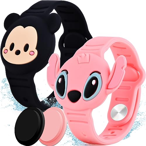 2 Pack AirTag Holder for Kids, Waterproof Airtag Bracelet for Kids with Cute Cartoon Design, Full Coverage Anti-Lost Silicone Airtag Accessories for Child, Healthy Material Pink + Blue